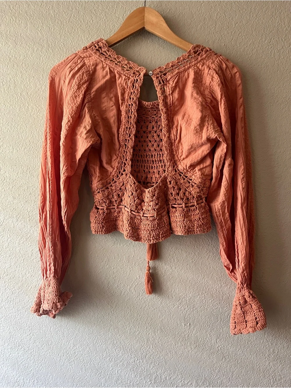 Free People Megan Top in Coral Crochet Peasant Long-Sleeve Top XS